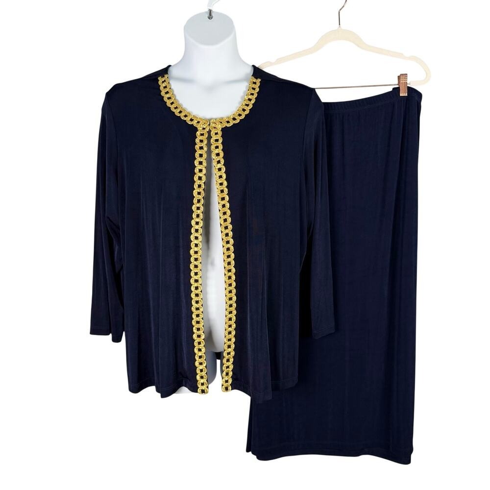 Slinky Brand Maxi Skirt Cardigan‎ Jacket 3X Navy Gold Soutache Travel Occasion